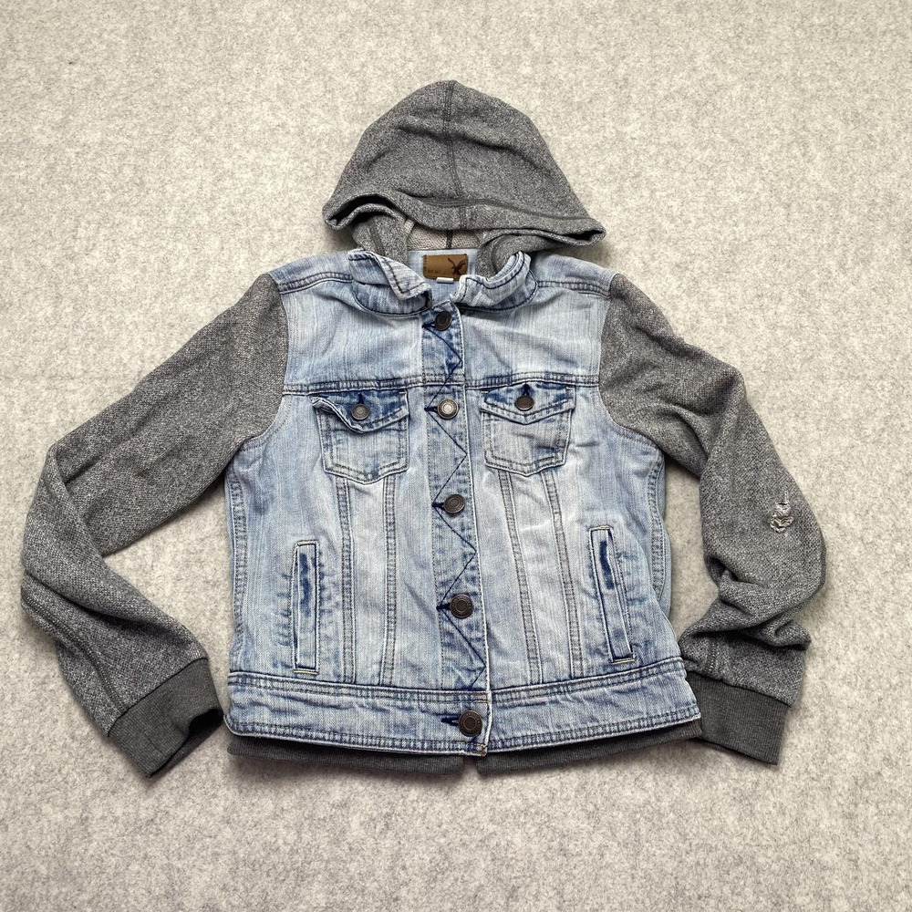 American Eagle Womens Hooded Denim Jacket Knit Sleeves Blue Gray Small 8054